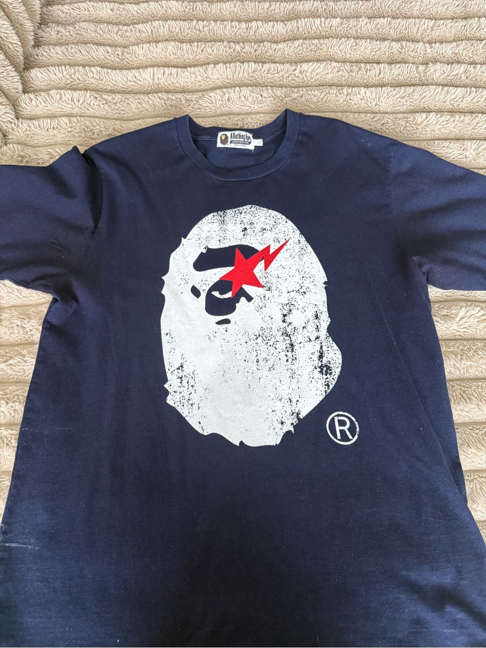 Bape Navy Short Sleeve T-Shirt with White Ape Head and Red Star